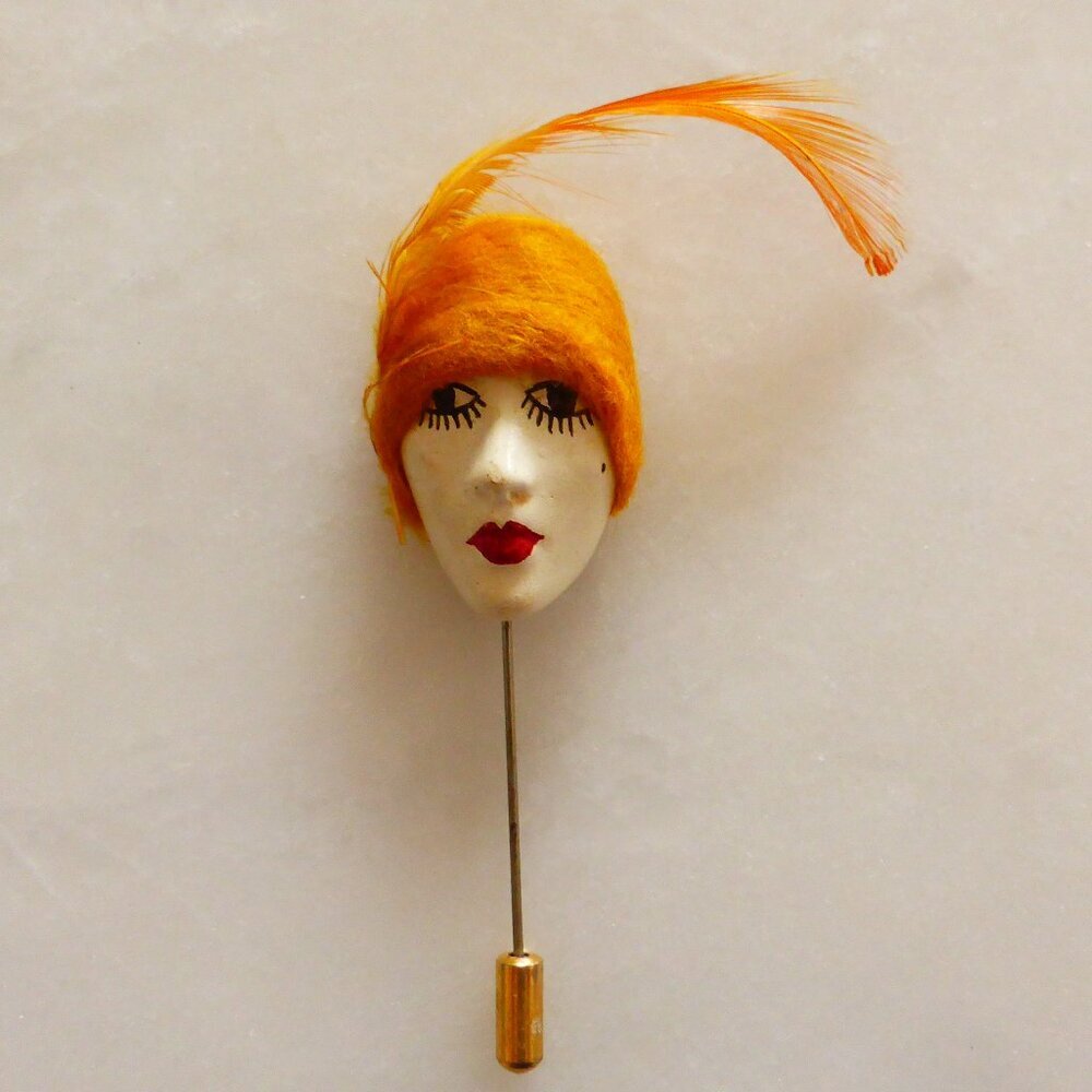 Beautiful Vintage French Flapper Stick Pin Brooch 1970s Collectible, Handpainted
